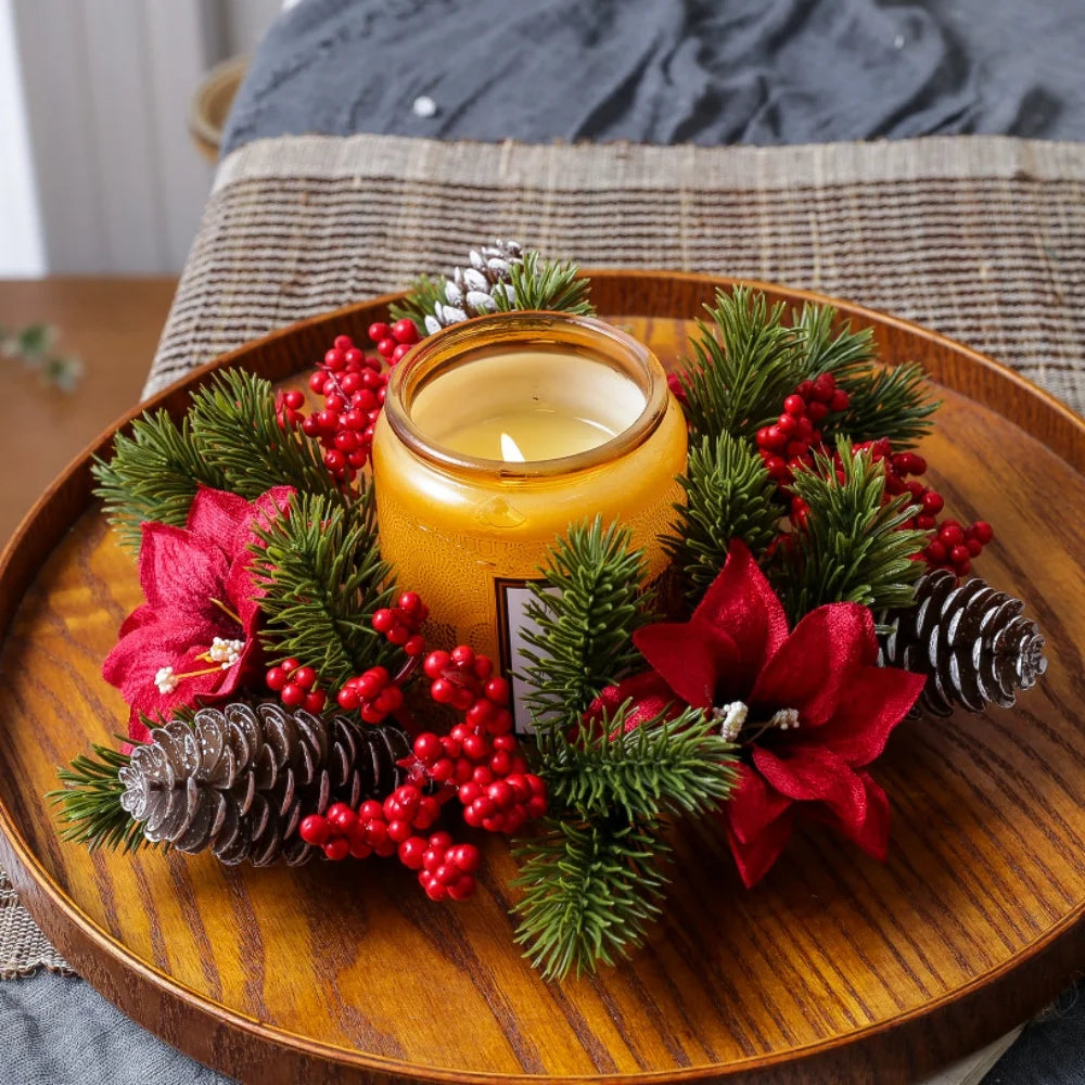 Christmas Wreath Artificial Berries Pinecone Pine Candlestick Wreaths Garland Candle Ring Table Home Party Decoration