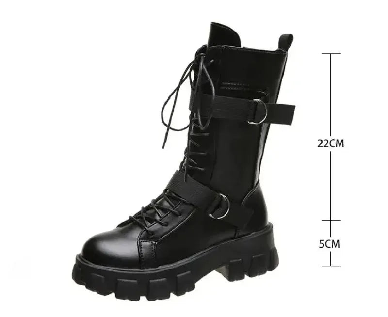 Women's Mid-Calf Boots High Quality Casual Leather Boots Fashion Motorcycle Booties Designer Belt Buckle Knight Boots for Women