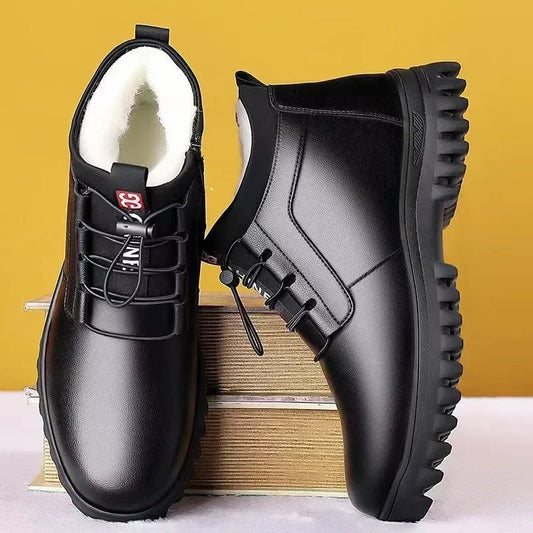 Zapatos de invierno de piel para hombre, de moda, con forro de felpa, cálidos, cómodos, antideslizantes, de algodón, para negocios, para exteriores, informales, botas de nieve, para vacaciones