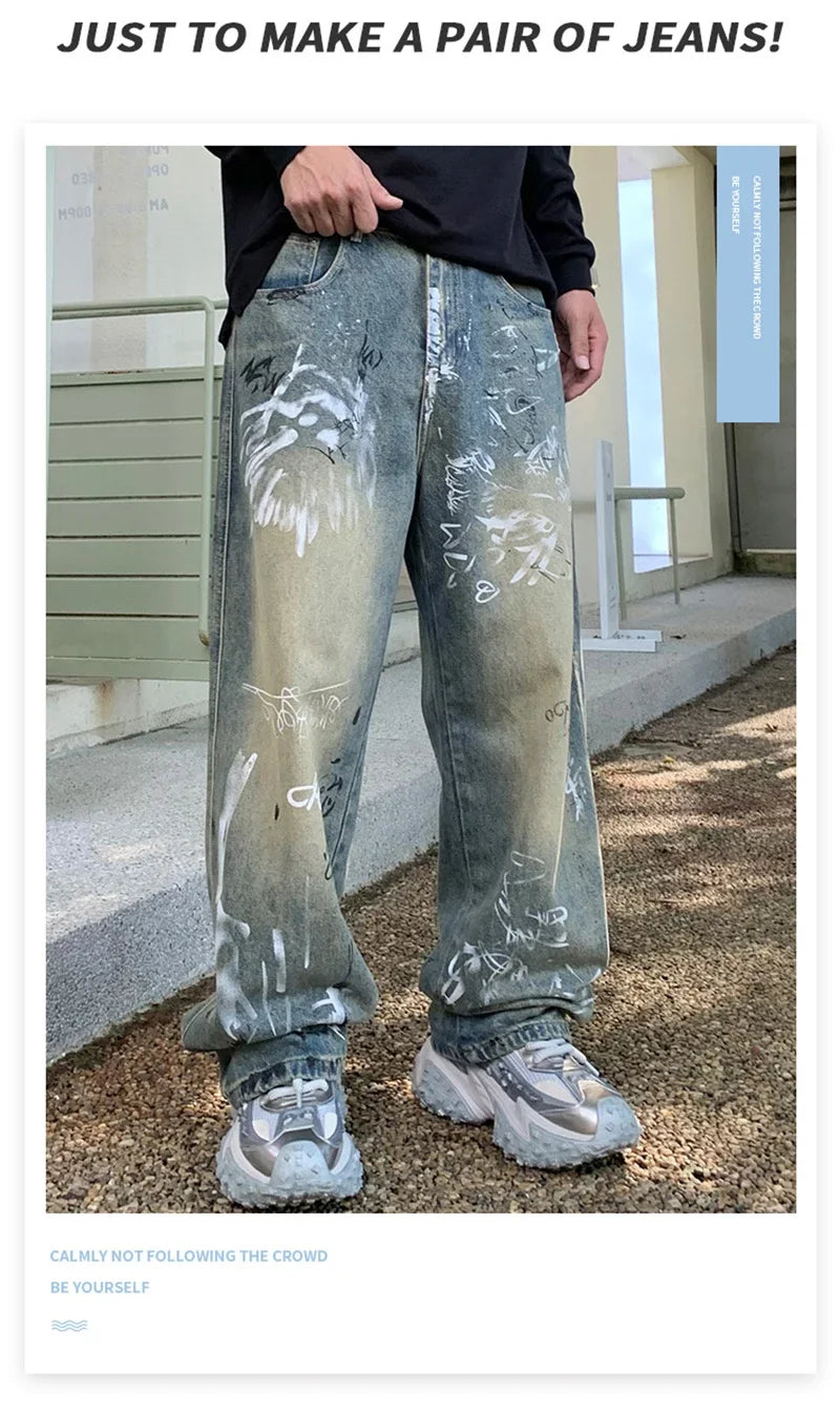 New Graffiti Printed Baggy Jeans For Men Y2K Vintage Distressed Blue Harajuku Denim Pants High Street Straight-leg Jean Trousers