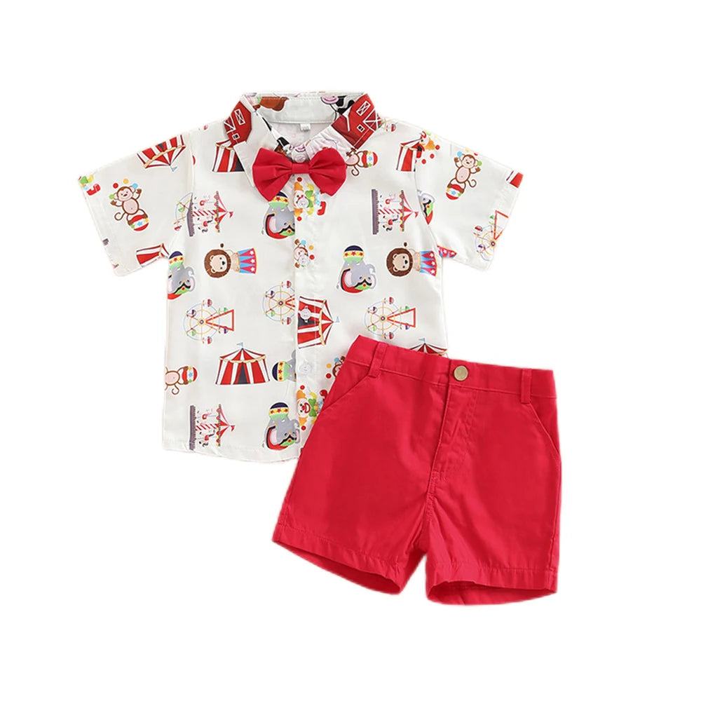 Ceeniu 1-5Y New Year Costume For Boy Christmas Outfit Santa Deer Printed Necktie Shirts and Red Pants Children Christmas Clothes