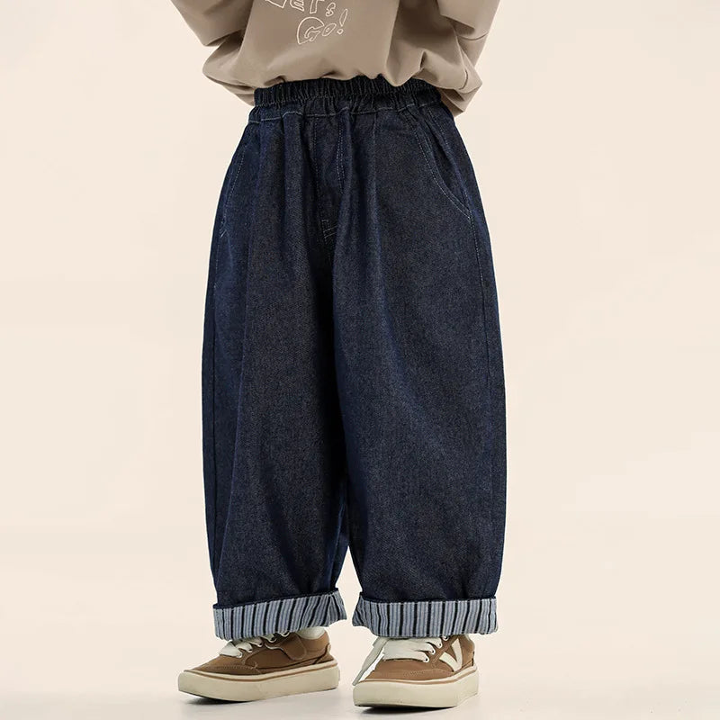 Ropa de diario de primavera para niños de 2 a 7 años, pantalones vaqueros a rayas con bolsillos y retazos, estilo coreano, con reborde, a la moda.