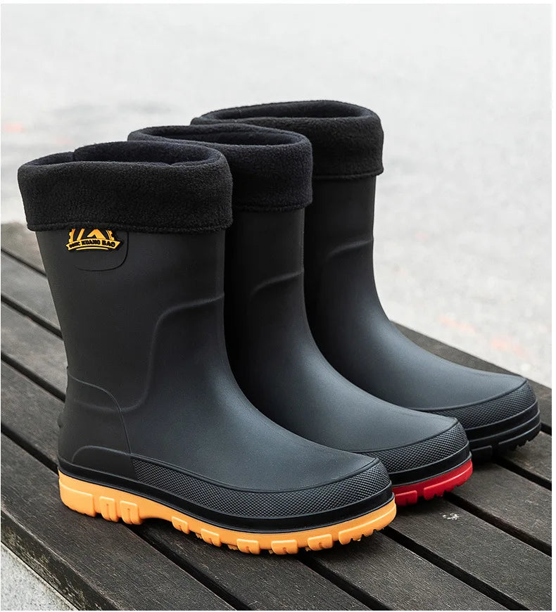Bottes de pluie décontractées pour hommes, imperméables et antidérapantes, tige mi-haute, chaussures de travail tendance en caoutchouc (prendre une pointure au-dessus pour les modèles en coton)