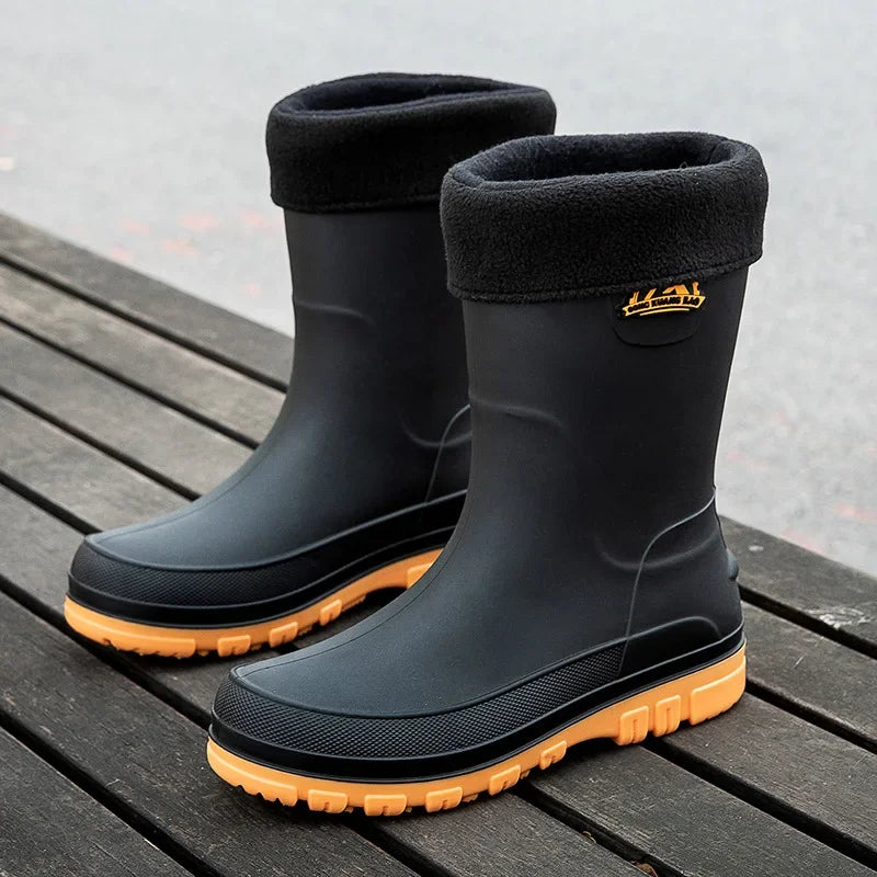 Bottes de pluie décontractées pour hommes, imperméables et antidérapantes, tige mi-haute, chaussures de travail tendance en caoutchouc (prendre une pointure au-dessus pour les modèles en coton)