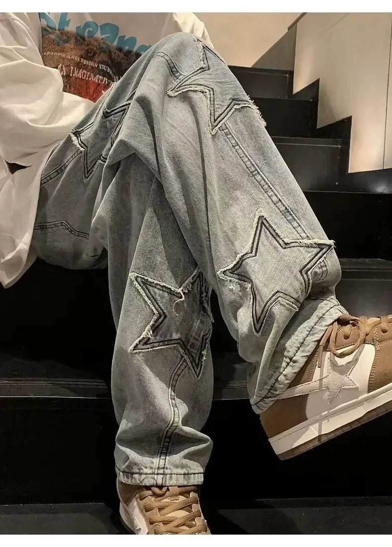 Pantalones vaqueros rectos informales con bordado de estrellas para hombre, estilo gótico, neutros, nuevos, holgados, de pierna ancha, estilo hip-hop, estilo urbano, pantalones vaqueros Y2K para hombre
