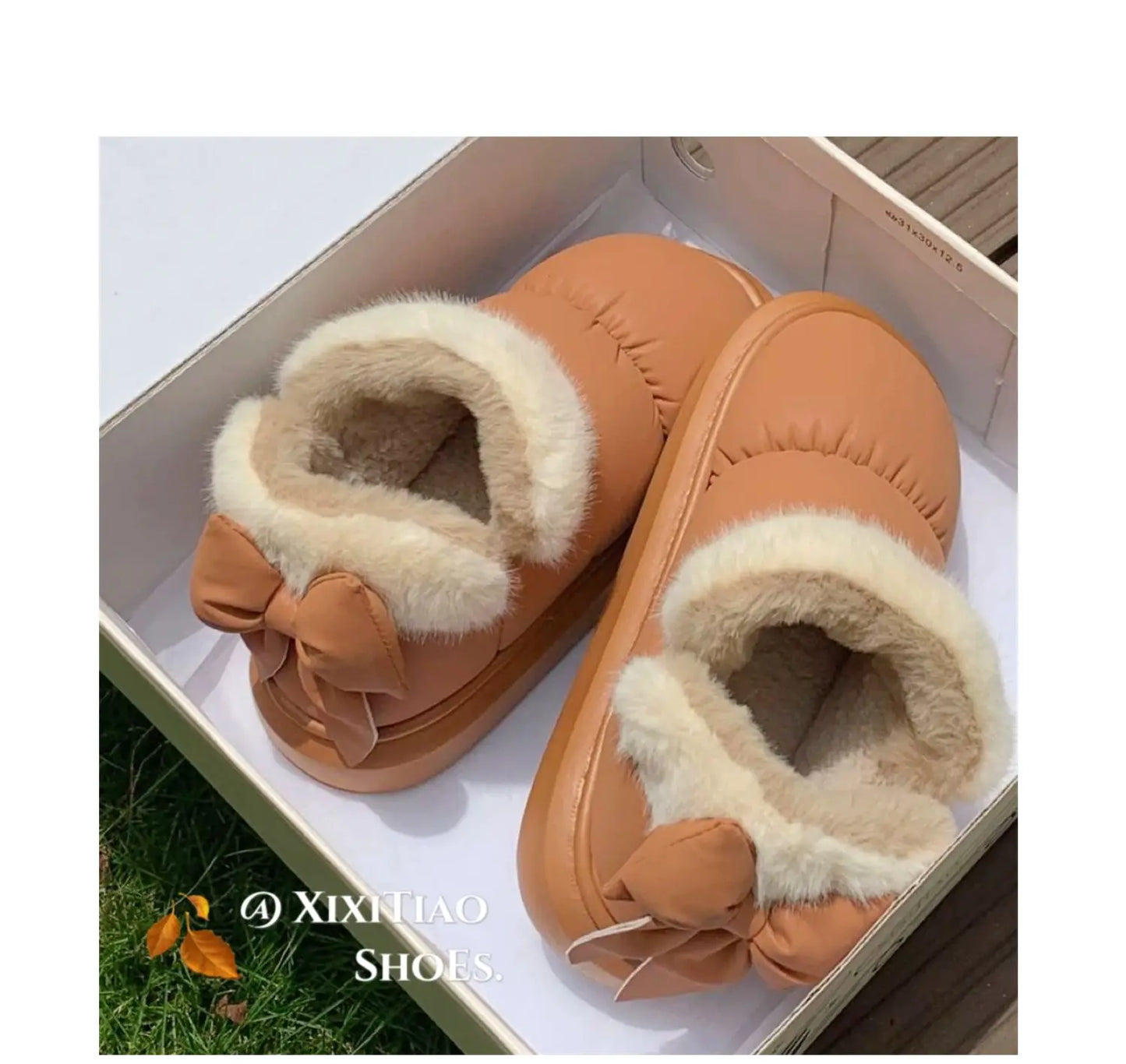 Bow Knot Short Ankle Snow Boots Women Winter Plush And Thick Insulation Waterproof PU Cotton Household Shoes Home Slipper Women