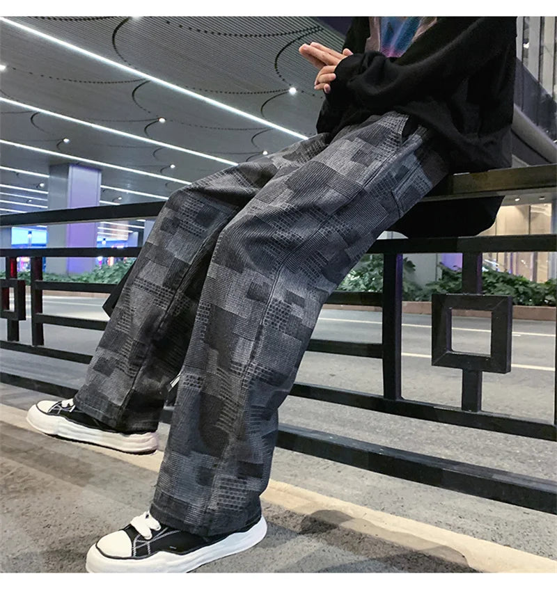 Autumn Blue Black Plaid Jeans For Men Y2K Vintage Wide-leg Jean High Street Loose Straight Denim Trousers Hip Hop Pantalones