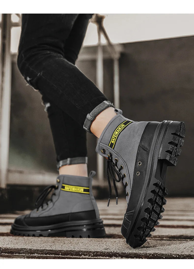 Botines de lona de caña alta para hombre, de diseño moderno, botas de trabajo para exteriores de alta calidad, botines de plataforma para motociclistas