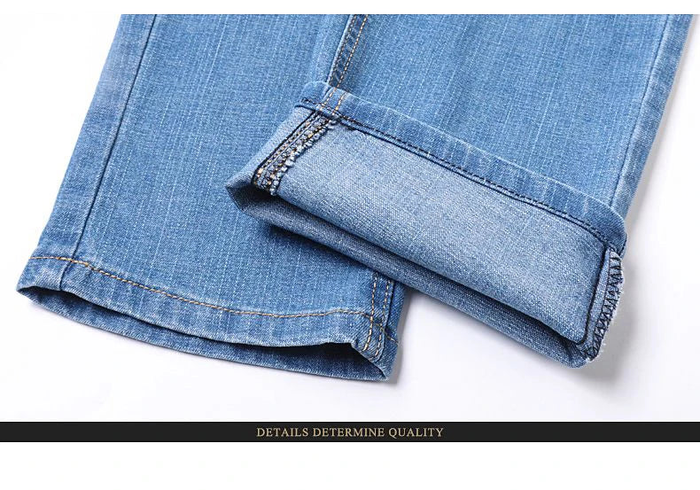 Summer Thin Men's Elastic Cotton Jeans Fashion Blue Comfortable Business Straight Casual Pants Brand Male Clothes Trousers