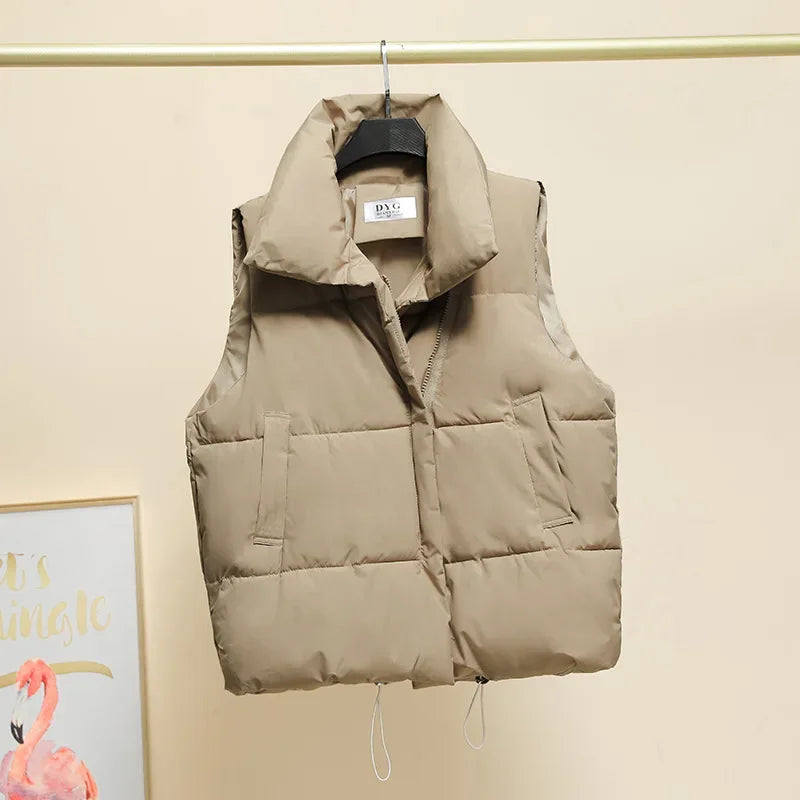 Women Vest Parkas Sleeveless Solid Jackets Zipper Splice Thick Vests Pockets Stand Collar Coats Warm Elegant Lady Parka