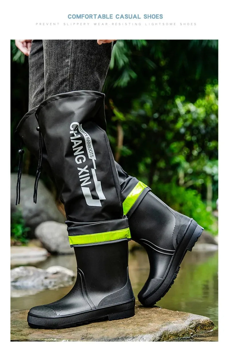 Botas de lluvia para hombre, botas de lluvia hasta la rodilla, impermeables, para pesca, de goma, tipo galocha, de caña larga.