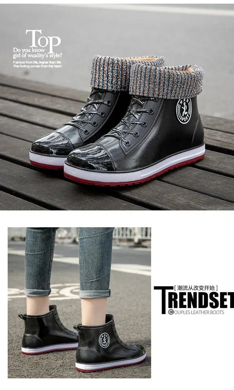 Women's Rain Boots Fashion Warm Cotton RubberShoes Ankle Rain Shoes for Women Waterproof Garden Galoshes Botas Lluvia Mujer