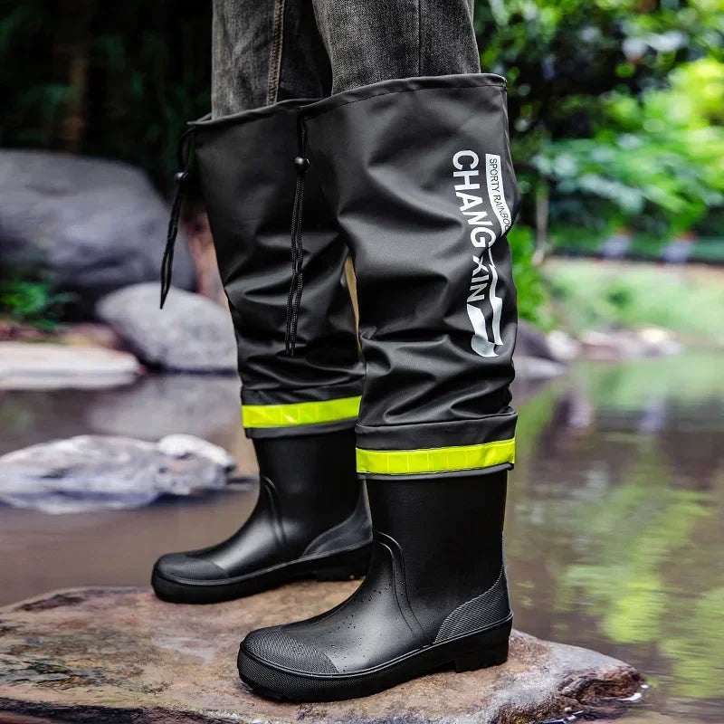 Botas de lluvia para hombre, botas de lluvia hasta la rodilla, impermeables, para pesca, de goma, tipo galocha, de caña larga.