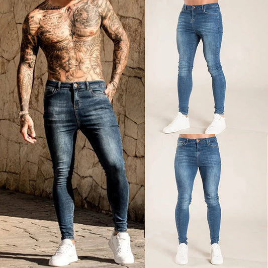 2023 Men Elastic Skinny Jeans Solid Color Stretch Pencil Pants Streetwear Mens Blue Black Denim Jeans Jogging Cowboy Trousers