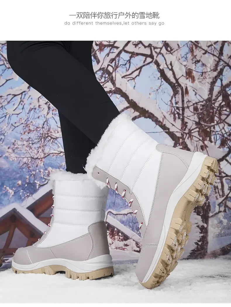 Winter Women's Waterproof High Heel Boots Strap Up Flat Heel Boots Warm Snow Shoes, Plush Outdoor Fashion Casual Boots