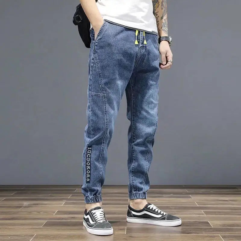 Spring Autumn 2022 New Denim Jeans Men's Elastic Waist Loose Students Teenagers Cowboy Streetwear Harem Leg Long Track Pants Men